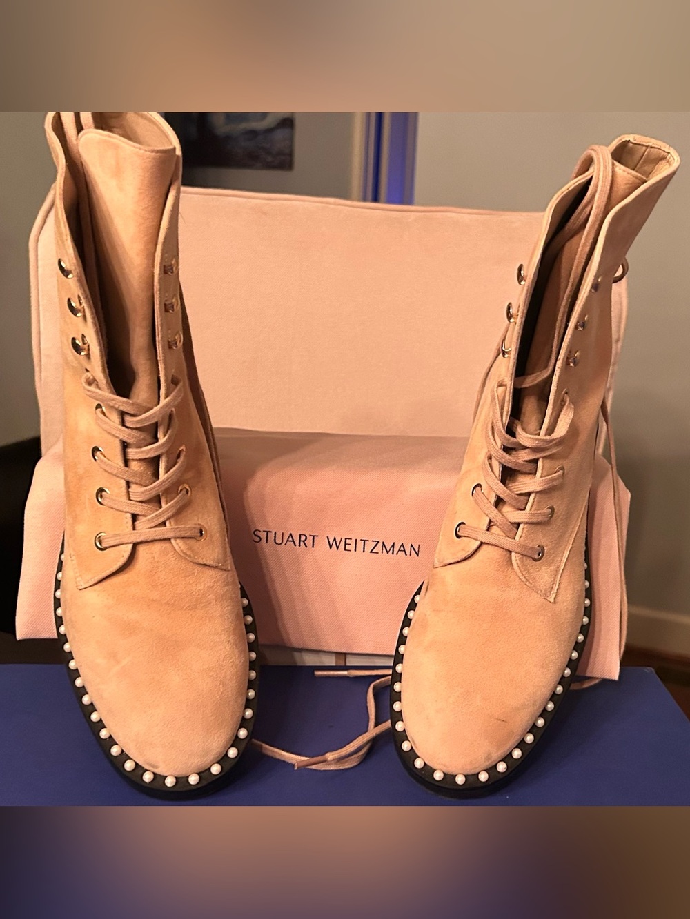 Stuart Weitzman Sondra Faux Pearl Suede Combat Boots Beige Tan 38.5 / US 8